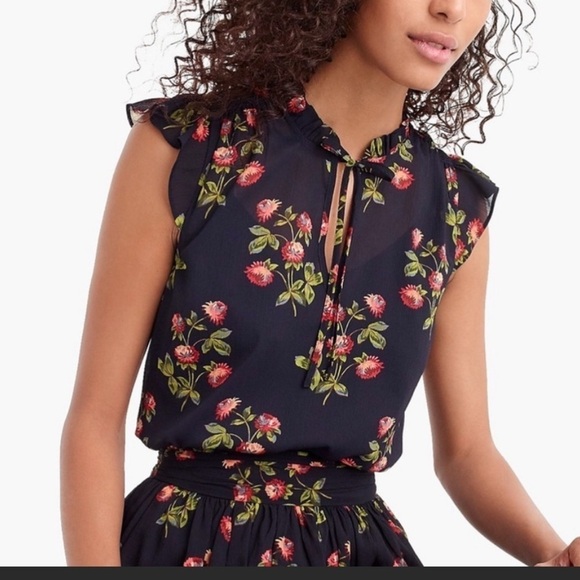 J. Crew Point Sur Floral Ruffle Cap Sleeve Blouse - Picture 2 of 9